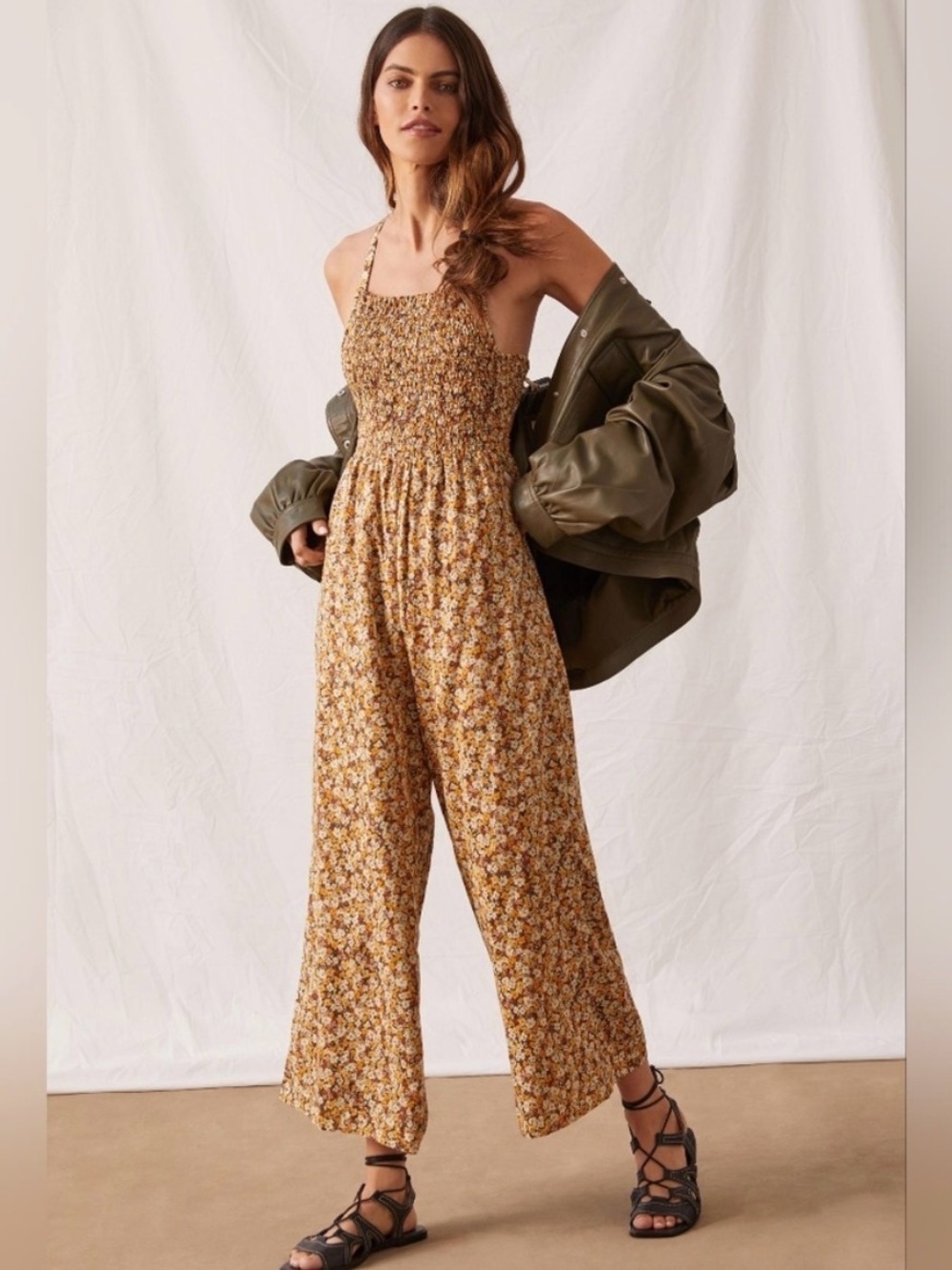 Smocked Floral Halter Jumpsuit in Mustard